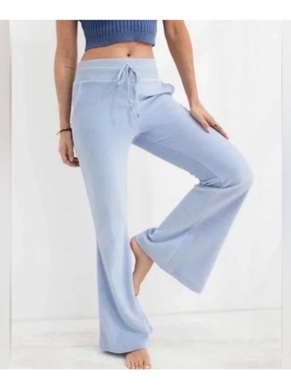 Aerie Velour Velvet Pastel Light Sky Blue Soft Drawstring Pants Size XL